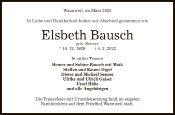 Anzeige von Elsbeth Bausch von Reutlinger General-Anzeiger