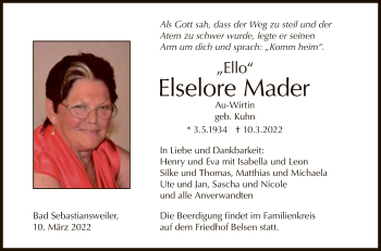 Anzeige von Elselore Mader von Reutlinger General-Anzeiger