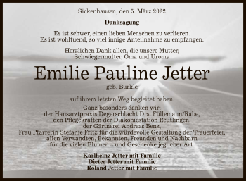 Anzeige von Emilie Pauline Jetter von Reutlinger General-Anzeiger