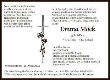 Anzeige von Emma Möck von Reutlinger General-Anzeiger