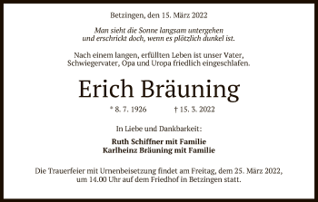 Anzeige von Erich Bräuning von Reutlinger General-Anzeiger