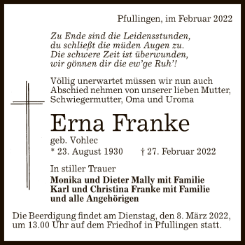 Anzeige von Erna Franke von Reutlinger General-Anzeiger