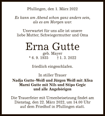 Anzeige von Erna Gutte von Reutlinger General-Anzeiger