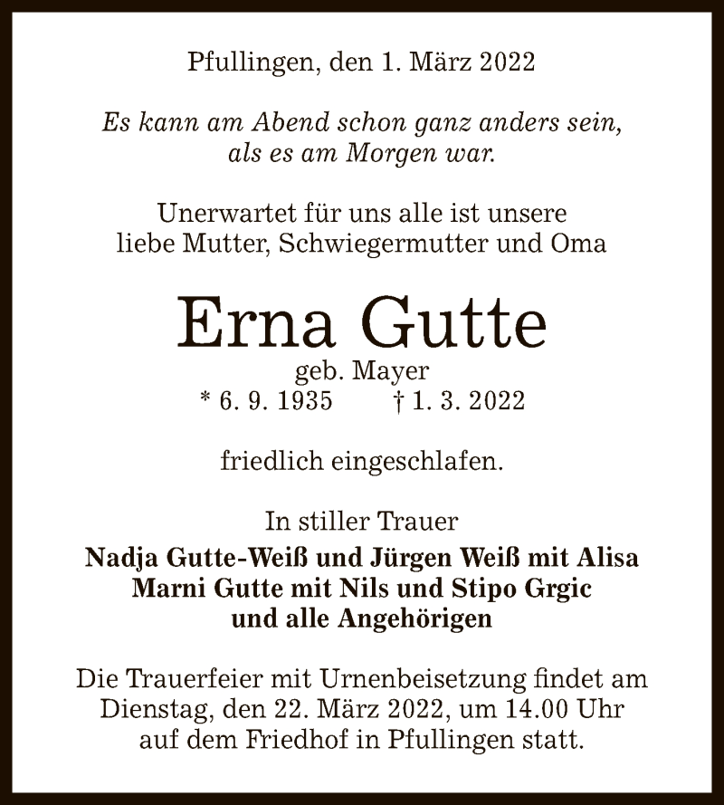  Traueranzeige für Erna Gutte vom 16.03.2022 aus Reutlinger General-Anzeiger