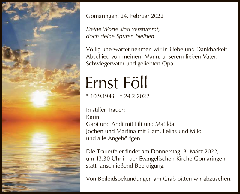  Traueranzeige für Ernst Föll vom 01.03.2022 aus Reutlinger General-Anzeiger