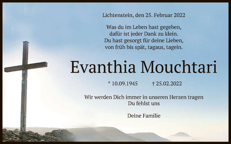  Traueranzeige für Evanthia Mouchtari vom 01.03.2022 aus Reutlinger General-Anzeiger