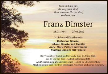 Anzeige von Franz Dimster von Reutlinger General-Anzeiger