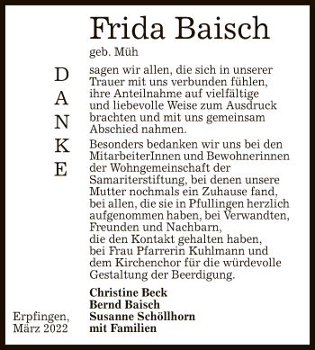 Anzeige von Frida Baisch von Reutlinger General-Anzeiger