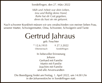 Anzeige von Gertrud Jahraus von Reutlinger General-Anzeiger
