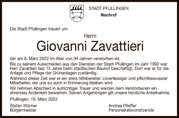Anzeige von Giovanni Zavattieri von Reutlinger General-Anzeiger