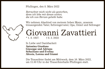 Anzeige von Giovanni Zavattieri von Reutlinger General-Anzeiger