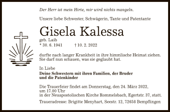 Anzeige von Gisela Kalessa von Reutlinger General-Anzeiger
