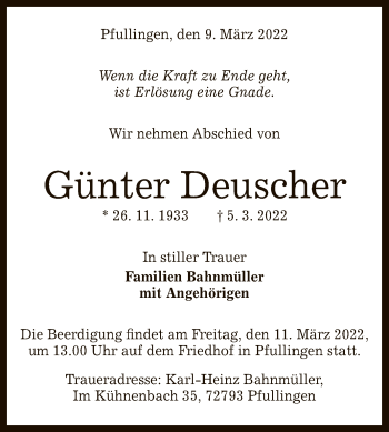 Anzeige von Günter Deuscher von Reutlinger General-Anzeiger