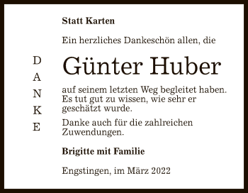 Anzeige von Günter Huber von Reutlinger General-Anzeiger