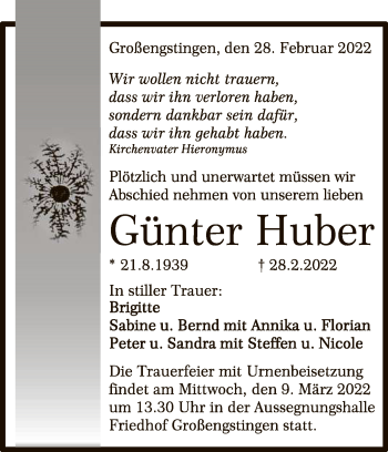 Anzeige von Günter Huber von Reutlinger General-Anzeiger