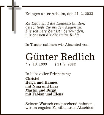 Anzeige von Günter Redlich von Reutlinger General-Anzeiger