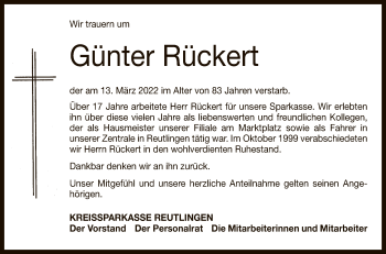 Anzeige von Günter Rückert von Reutlinger General-Anzeiger