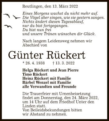 Anzeige von Günter Rückert von Reutlinger General-Anzeiger