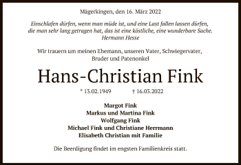 Anzeige von Hans-Christian Fink von Reutlinger General-Anzeiger