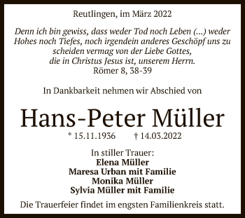Anzeige von Hans-Peter Müller von Reutlinger General-Anzeiger