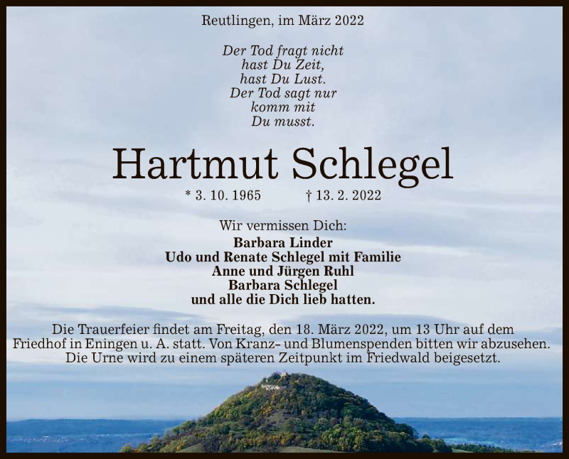  Traueranzeige für Hartmut Schlegel vom 12.03.2022 aus Reutlinger General-Anzeiger