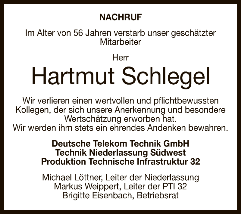  Traueranzeige für Hartmut Schlegel vom 14.03.2022 aus Reutlinger General-Anzeiger