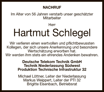 Anzeige von Hartmut Schlegel von Reutlinger General-Anzeiger