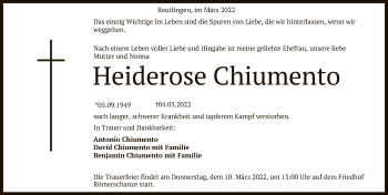 Anzeige von Heiderose Chiumento von Reutlinger General-Anzeiger