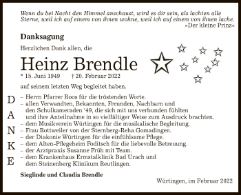 Anzeige von Heinz Brendle von Reutlinger General-Anzeiger