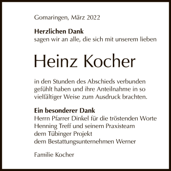 Anzeige von Heinz Kocher von Reutlinger General-Anzeiger