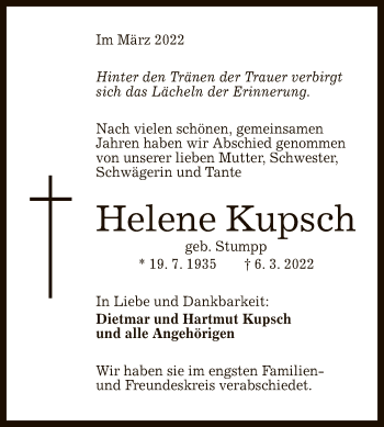 Anzeige von Helene Kupsch von Reutlinger General-Anzeiger