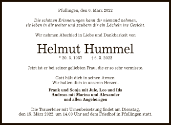 Anzeige von Helmut Hummel von Reutlinger General-Anzeiger