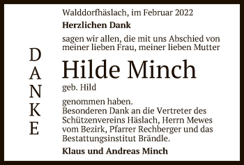 Anzeige von Hilde Minch von Reutlinger General-Anzeiger