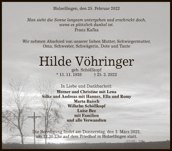 Anzeige von Hilde Vöhringer von Reutlinger General-Anzeiger