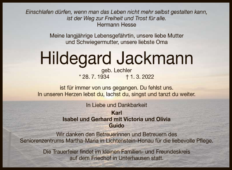  Traueranzeige für Hildegard Jackmann vom 19.03.2022 aus Reutlinger General-Anzeiger