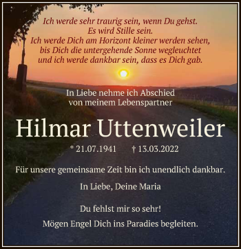 Anzeige von Hilmar Uttenweiler von Reutlinger General-Anzeiger
