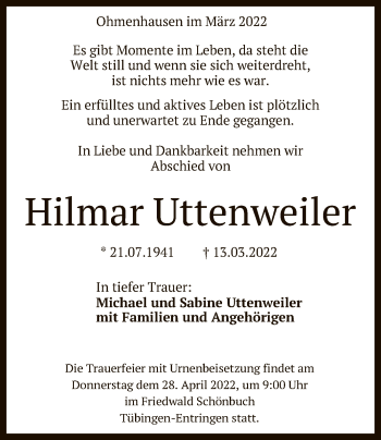 Anzeige von Hilmar Uttenweiler von Reutlinger General-Anzeiger