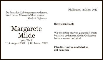 Anzeige von HMargarete Milde von Reutlinger General-Anzeiger