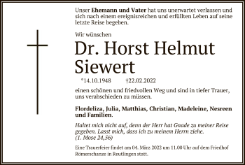 Anzeige von Horst Helmut Siewert von Reutlinger General-Anzeiger