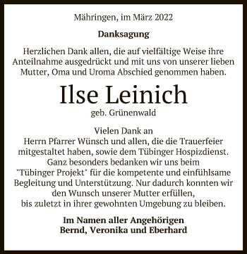 Anzeige von Ilse Leinich von Reutlinger General-Anzeiger