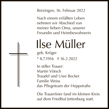 Anzeige von Ilse Müller von Reutlinger General-Anzeiger