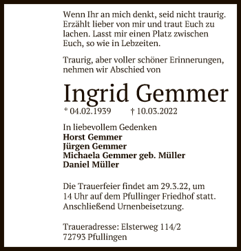 Anzeige von Ingrid Gemmer von Reutlinger General-Anzeiger