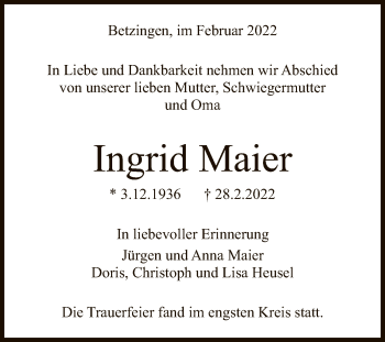 Anzeige von Ingrid Maier von Reutlinger General-Anzeiger