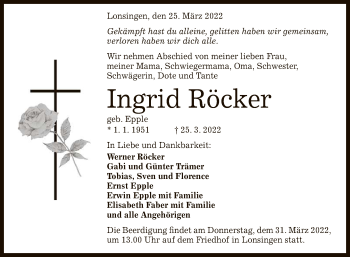 Anzeige von Ingrid Röcker von Reutlinger General-Anzeiger