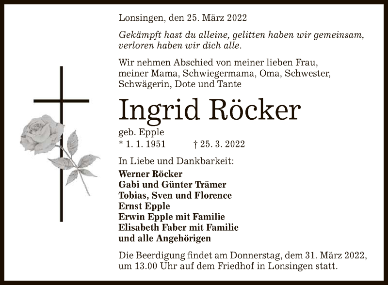  Traueranzeige für Ingrid Röcker vom 29.03.2022 aus Reutlinger General-Anzeiger