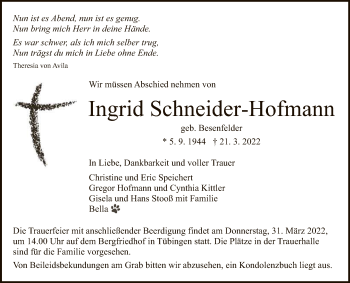 Anzeige von Ingrid Schneider-Hofmann von Reutlinger General-Anzeiger