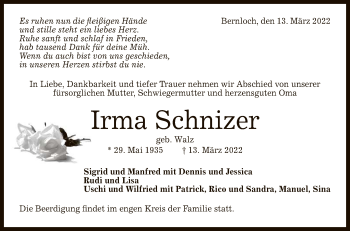 Anzeige von Irma Schnizer von Reutlinger General-Anzeiger