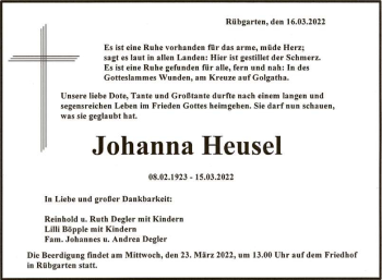 Anzeige von Johanna Heusel von Reutlinger General-Anzeiger