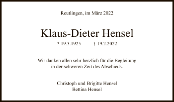 Anzeige von Klaus-Dieter Hensel von Reutlinger General-Anzeiger