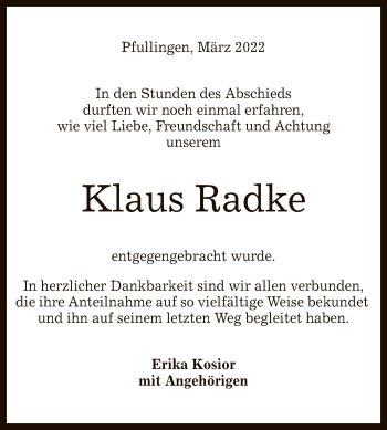 Anzeige von Klaus Radke von Reutlinger General-Anzeiger